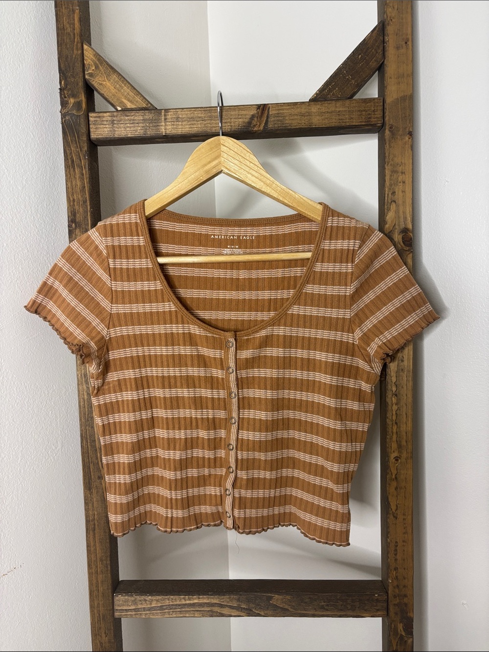 American Eagle Outfitters Rust and White Striped Button-Front Crop Top Size M